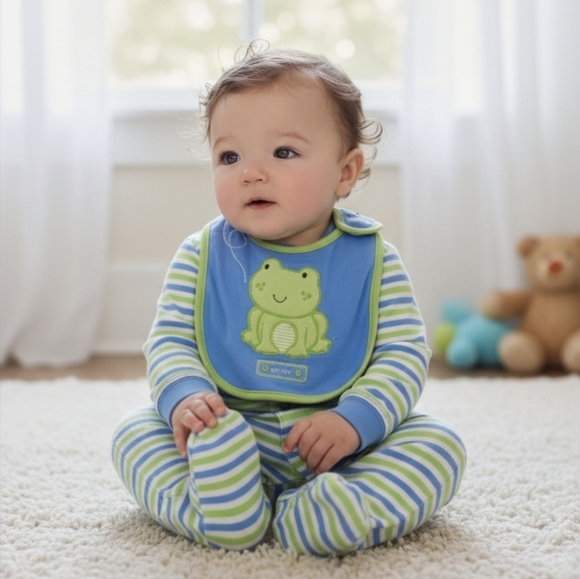 Carter’s ✦ Baby Sleep & Play ✦ 3M Striped Footie + Frog Bib Cotton Outfit NWT - Picture 1 of 9